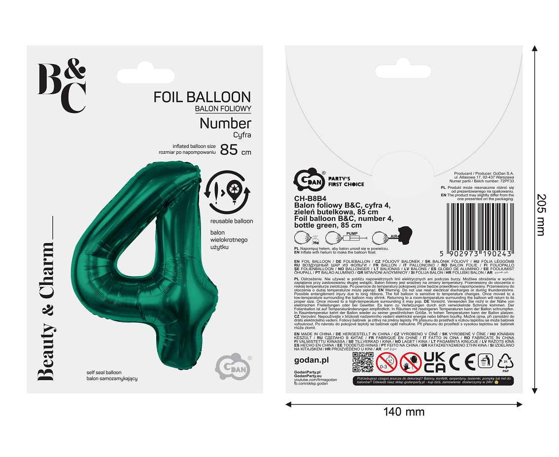 Foil balloon B&C, number 4, bottle green, 85 cm